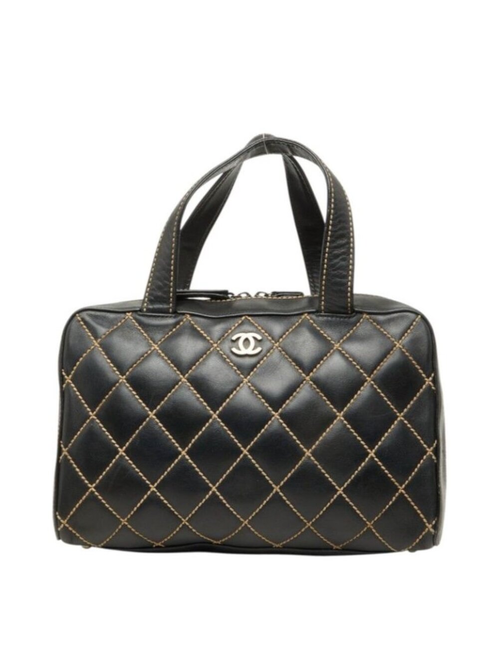 Chanel CC Logo Wild Stitch Handbag Black Gold Leather